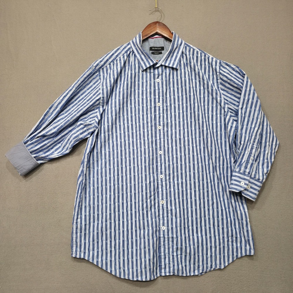 Bugatchi Men's Blue Classic Striped Button Up Long Sleeve Flip Cuff Shirt Sz XL